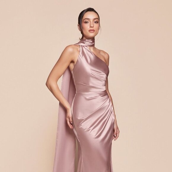 Cinderella Dresses & Skirts - NEW FORMAL SHEATH SATIN DRESS W/ WRAP HALTER NECK LEG SLIT & ZIPPER BACK CD 7454